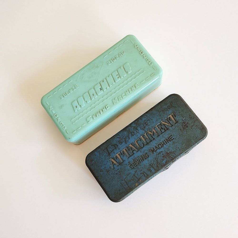 Vintage Sewing Machine Attachments Boxes Plastic Zigzag & Blue Metal Hinged Lid